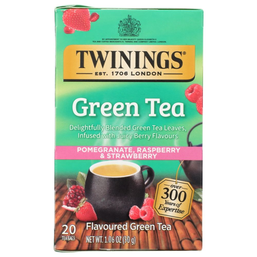 TWININGS OF LONDON: Green Tea Pomegranate Raspberry & Strawberry, 20 Tea Bags, 1.06 Oz