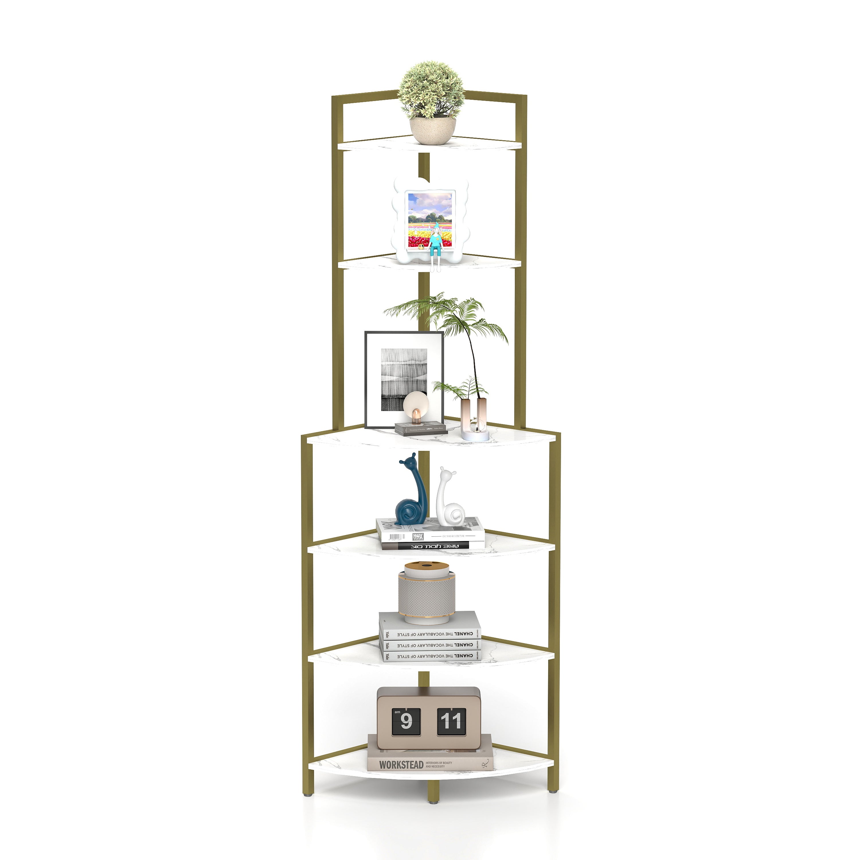 6-Tier Corner Open Shelf Modern Bookcase Wood Rack Freestanding Shelving Unit,Plant Album Trinket Sturdy Stand Small Bookshelf Space-Saving for Living Room Home Office Kitchen Small Space Rustic Brown