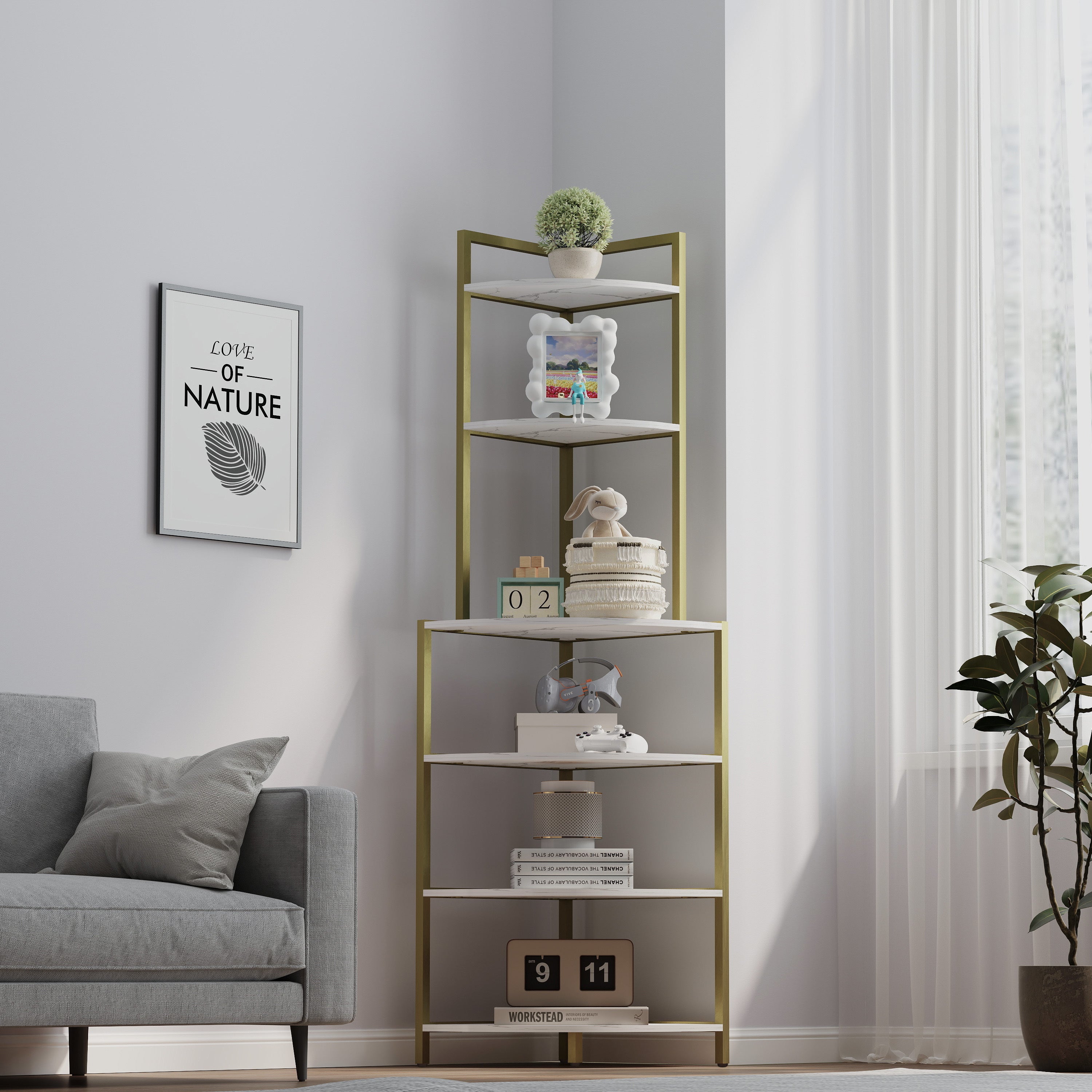 6-Tier Corner Open Shelf Modern Bookcase Wood Rack Freestanding Shelving Unit,Plant Album Trinket Sturdy Stand Small Bookshelf Space-Saving for Living Room Home Office Kitchen Small Space Rustic Brown