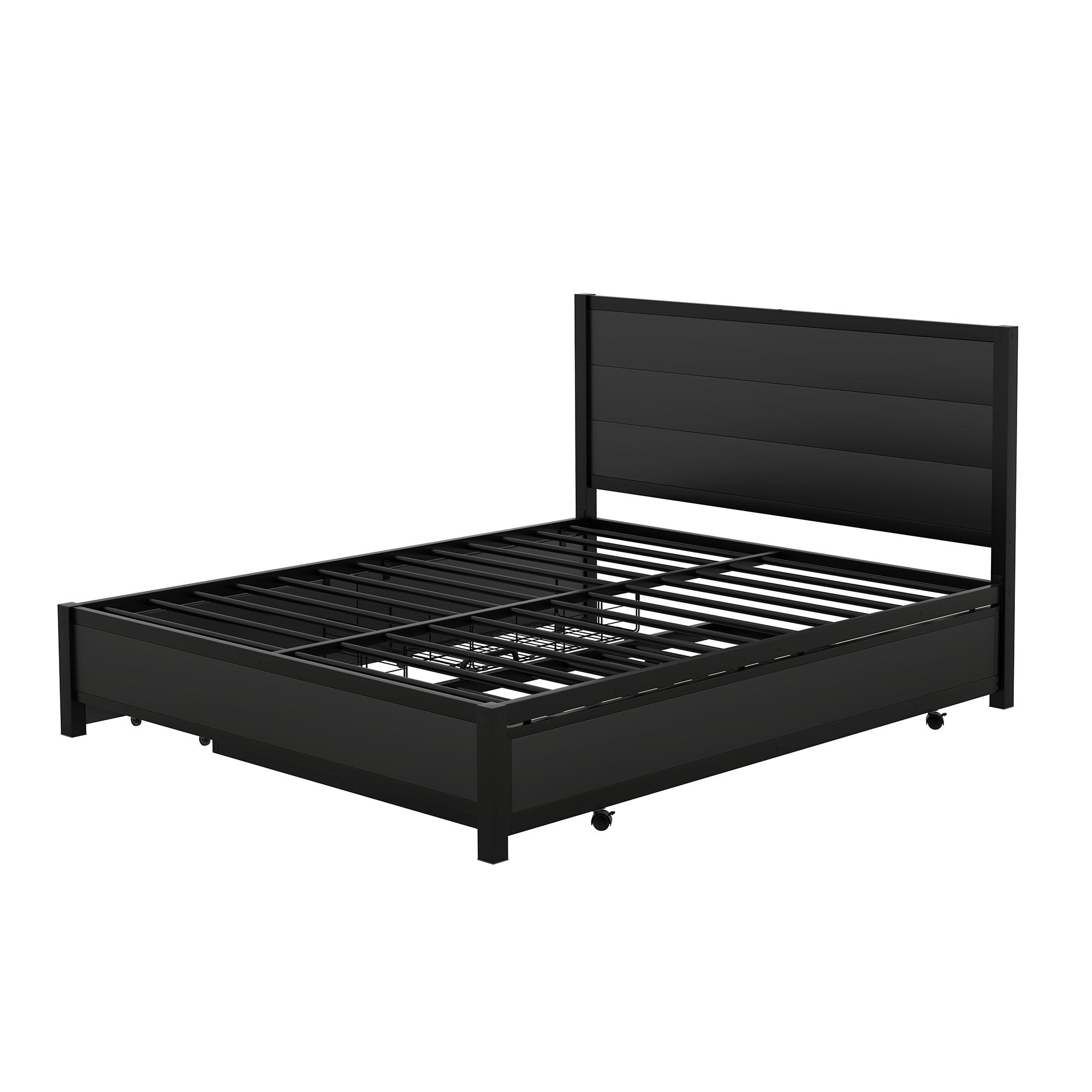 Metal Queen Size Storage Platform Bed with Twin Size Trundle and 2 Drawers, Black