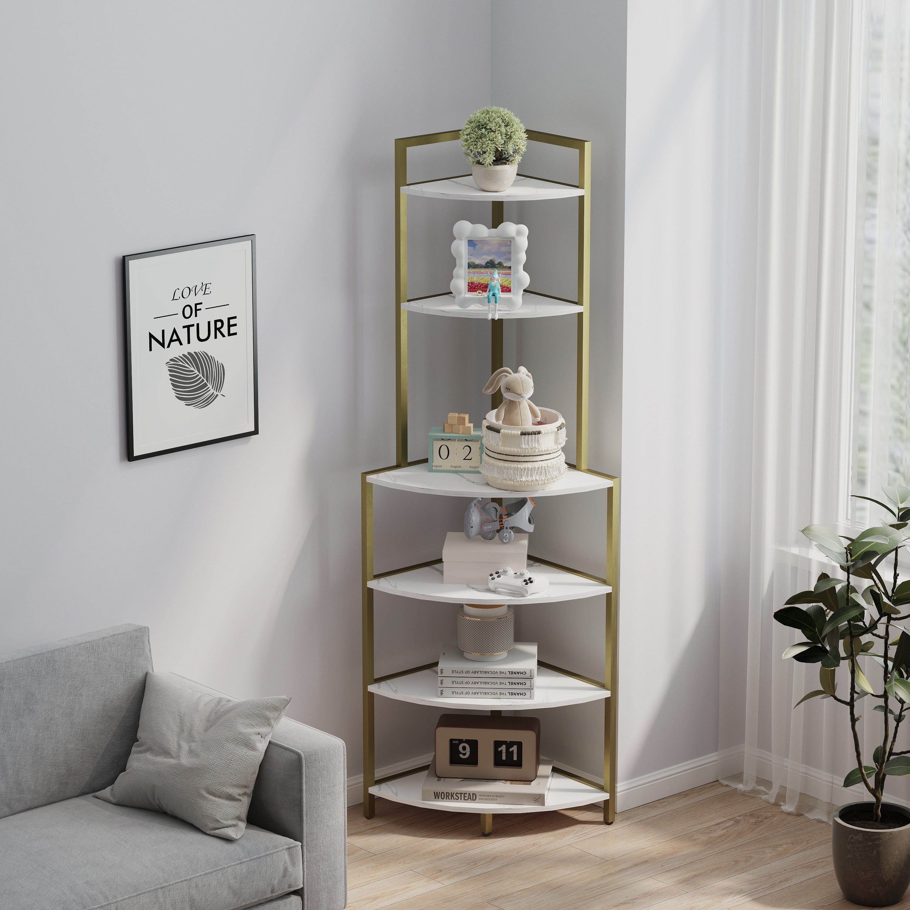 6-Tier Corner Open Shelf Modern Bookcase Wood Rack Freestanding Shelving Unit,Plant Album Trinket Sturdy Stand Small Bookshelf Space-Saving for Living Room Home Office Kitchen Small Space Rustic Brown