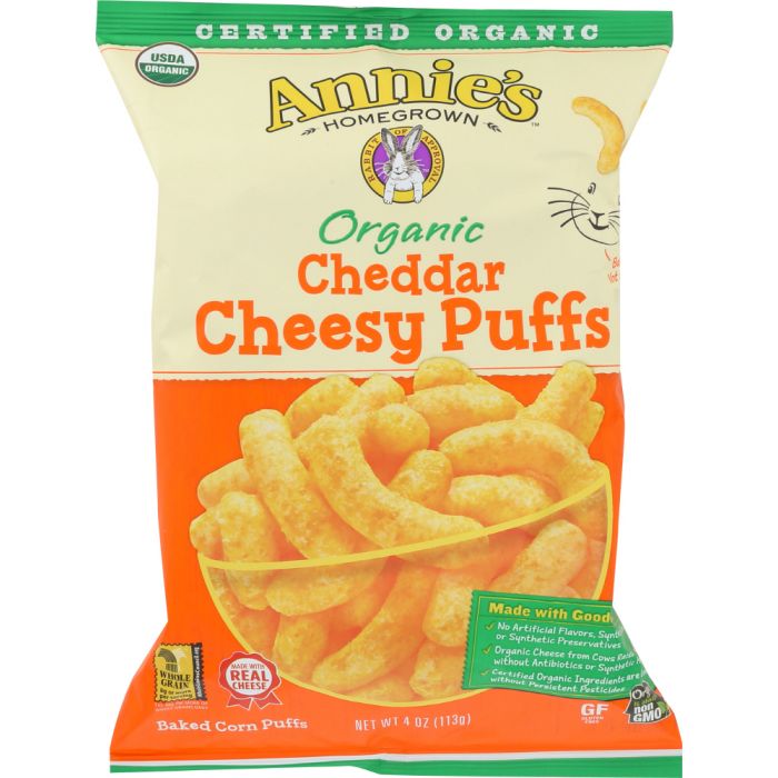 ANNIES HOMEGROWN: Organic Cheddar Cheesy Puffs, 4 oz