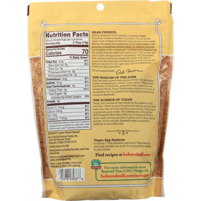 BOBS RED MILL: Organic Whole Ground Flaxseed Meal, 16 oz