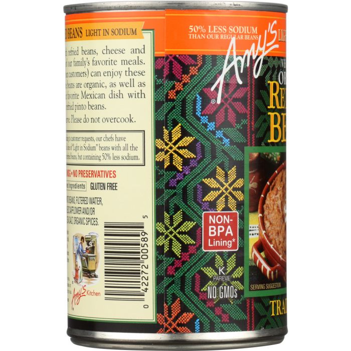 AMY'S: Organic Refried Beans Traditional Light in Sodium, 15.4 oz