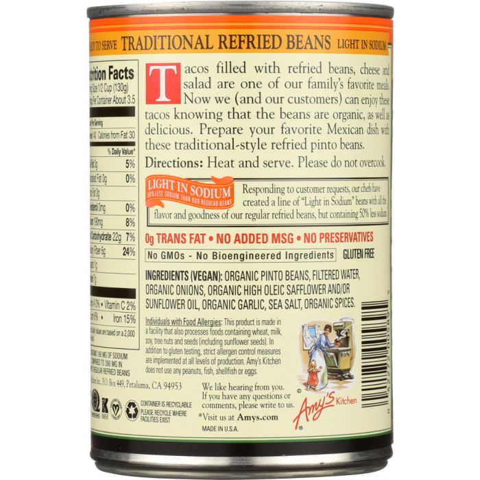 AMY'S: Organic Refried Beans Traditional Light in Sodium, 15.4 oz