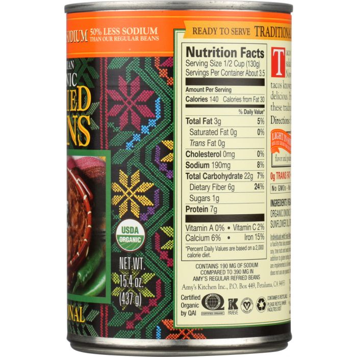 AMY'S: Organic Refried Beans Traditional Light in Sodium, 15.4 oz