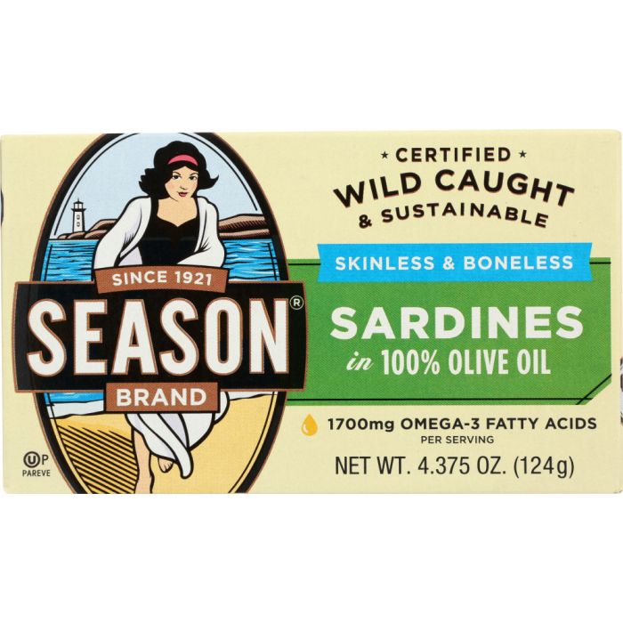 SEASONS BRAND: Imported Skinless & Boneless Sardines in Pure Olive Oil Salt Added, 4.375 Oz