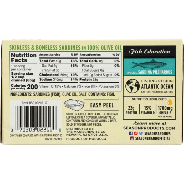 SEASONS BRAND: Imported Skinless & Boneless Sardines in Pure Olive Oil Salt Added, 4.375 Oz