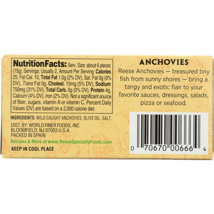 REESE: Flat Fillets of Anchovies in Pure Olive Oil, 2 oz