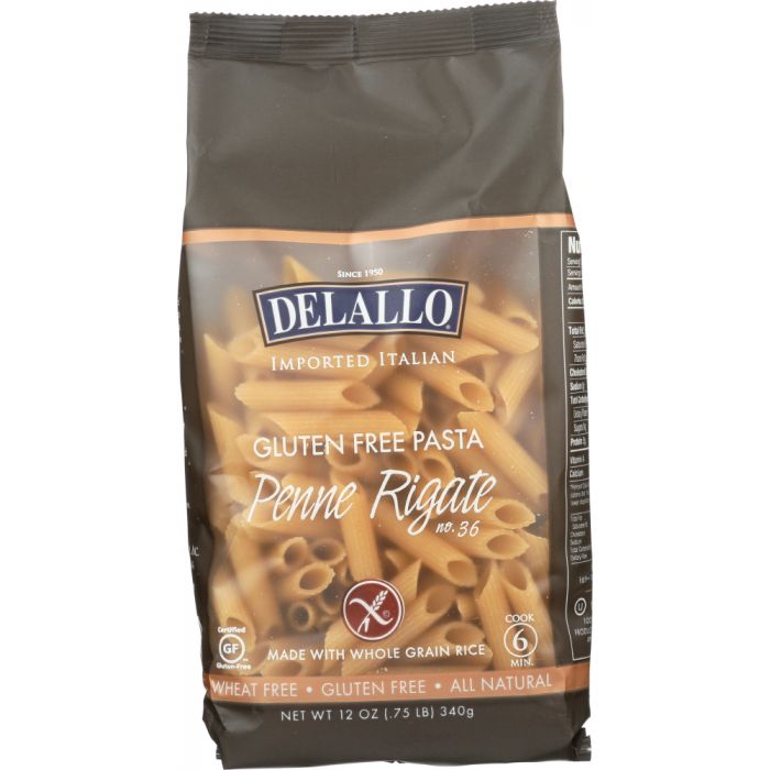 DELALLO: Gluten Free Whole Grain Rice Penne Rigate, Wheat-Free, 12 oz