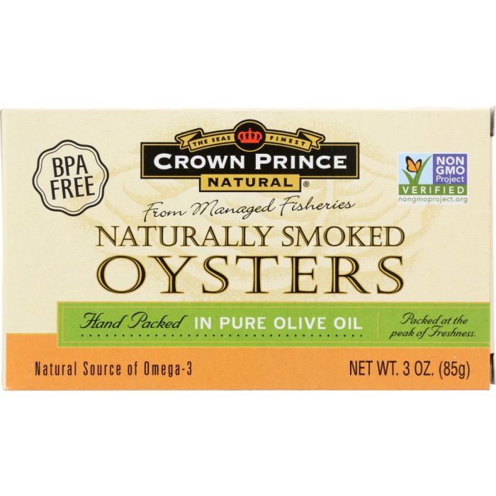 CROWN PRINCE: Naturally Smoked Oysters in Pure Olive Oil, 3 oz