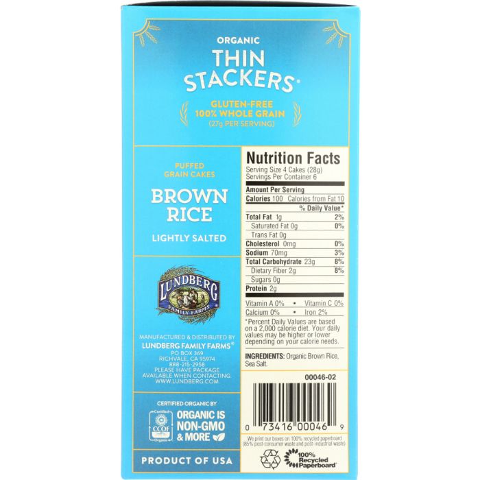 LUNDBERG: Rice Cakes Thin Stackers Brown Rice Lightly Salted, 5.9 oz