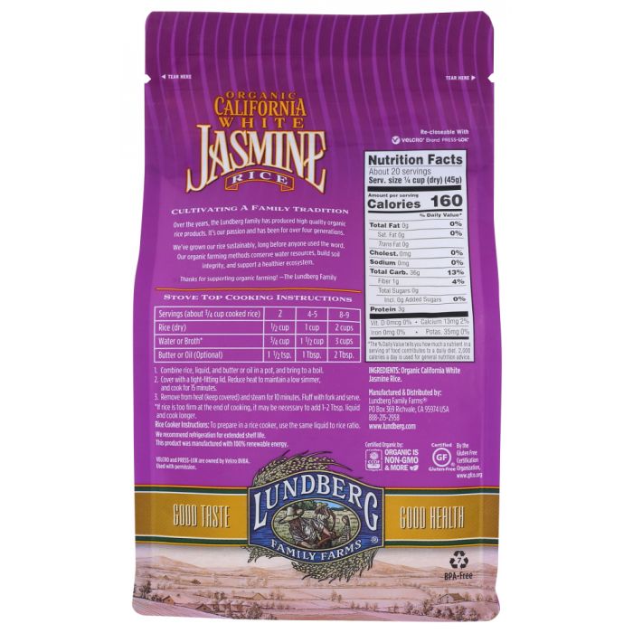 LUNDBERG: Organic California White Jasmine Rice, 2 lb