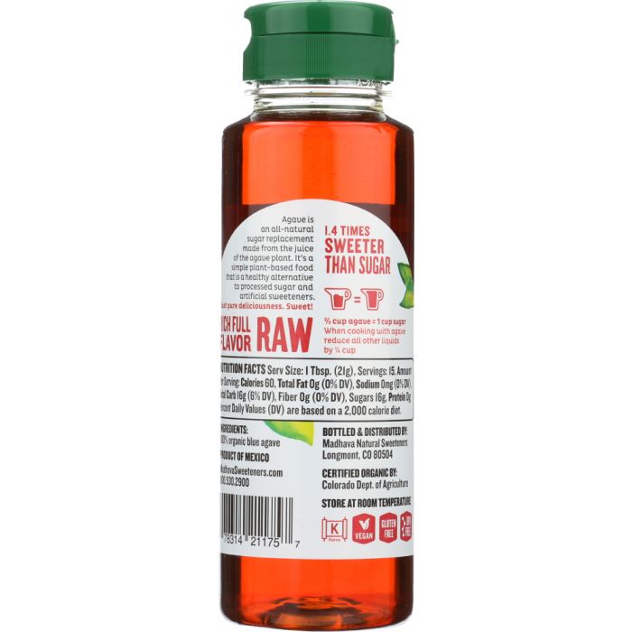 MADHAVA: Organic Amber Raw Blue Agave, 11.75 oz