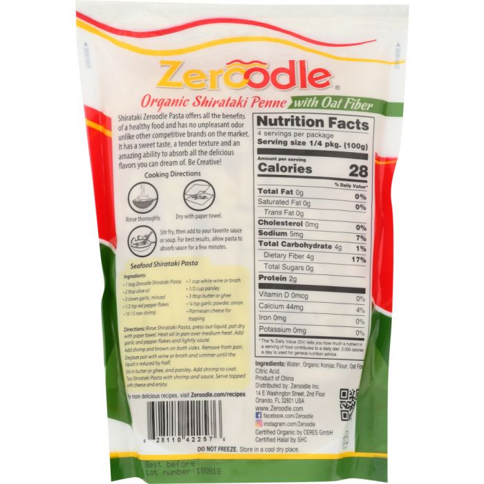 ZEROODLE: Shirataki Penne Pasta with Oat Fiber, 14 oz