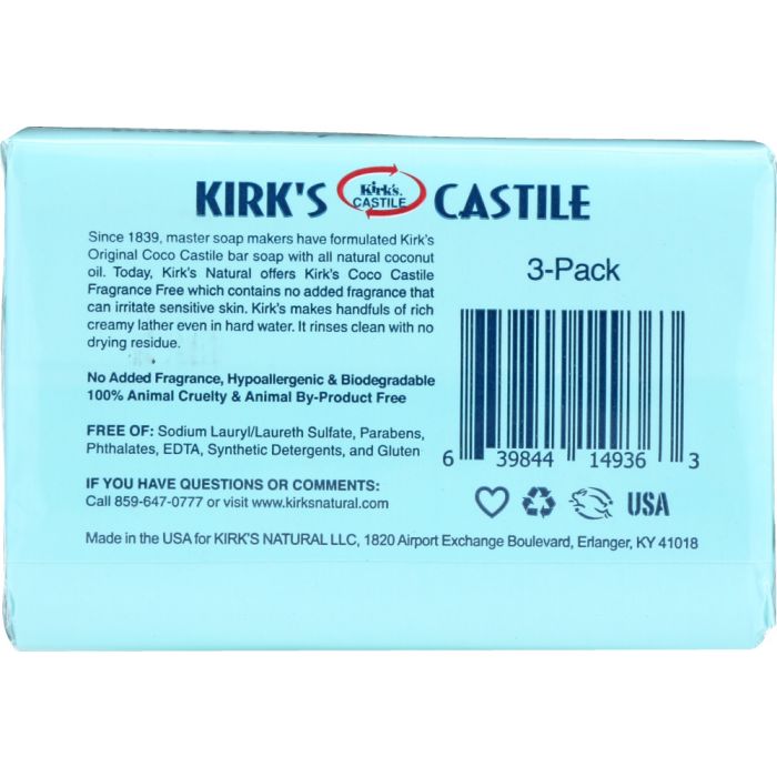 KIRKS: Original Coco Castile Bar Soap Fragrance Free 3x4oz Bars, 12 oz