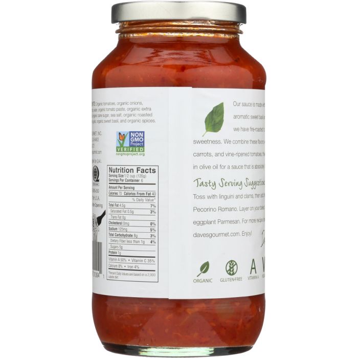 DAVE'S GOURMET: Organic Roasted Garlic and Sweet Basil Pasta Sauce, 25.5 Oz