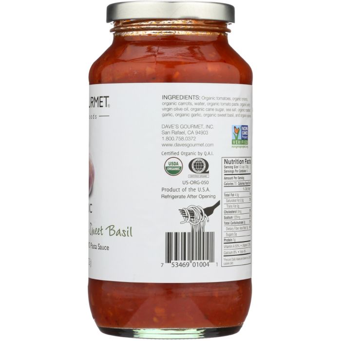 DAVE'S GOURMET: Organic Roasted Garlic and Sweet Basil Pasta Sauce, 25.5 Oz