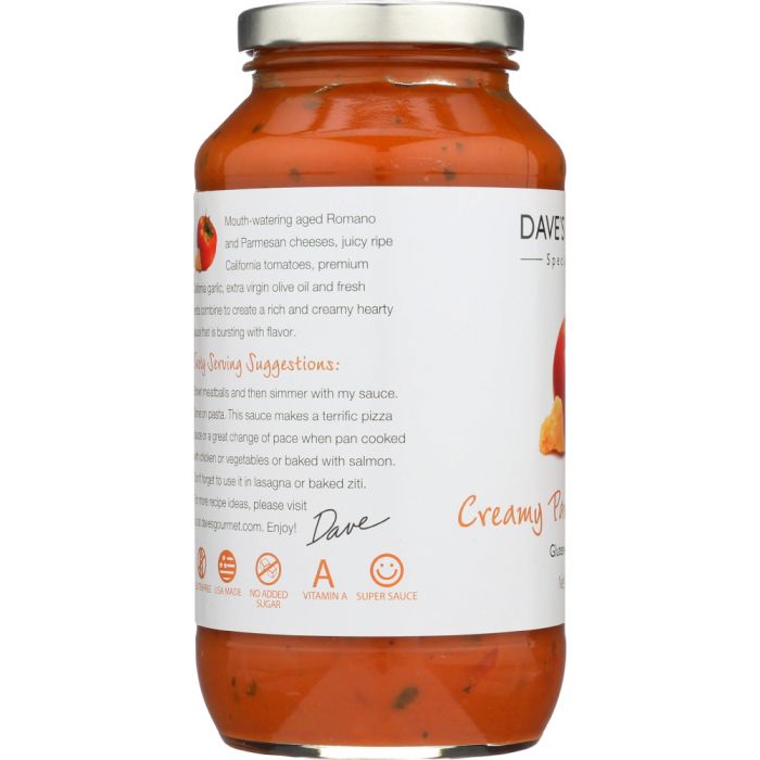 DAVES GOURMET: Creamy Parmesan Romano Pasta Sauce, 25 oz