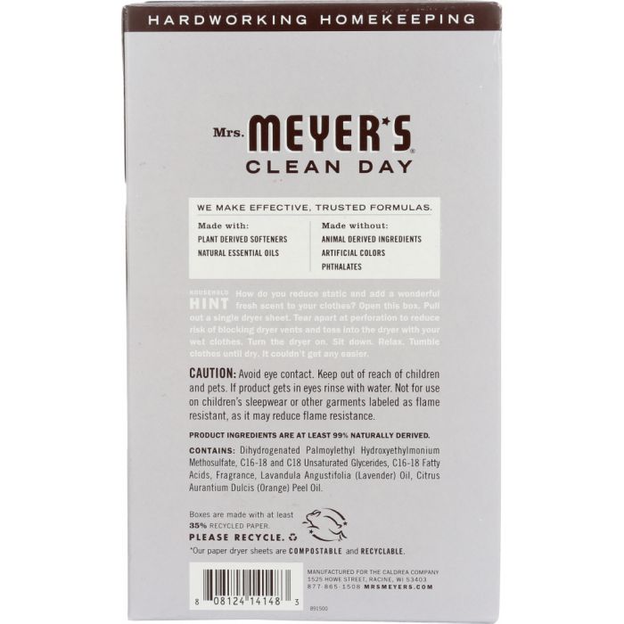 MRS MEYERS CLEAN DAY: Dryer Sheets Lavender Scent, 80 Sheets