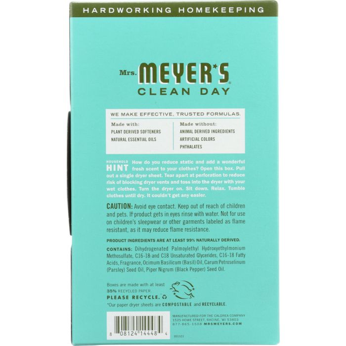 MRS. MEYER'S: Clean Day Dryer Sheets Basil Scent, 80 sheets