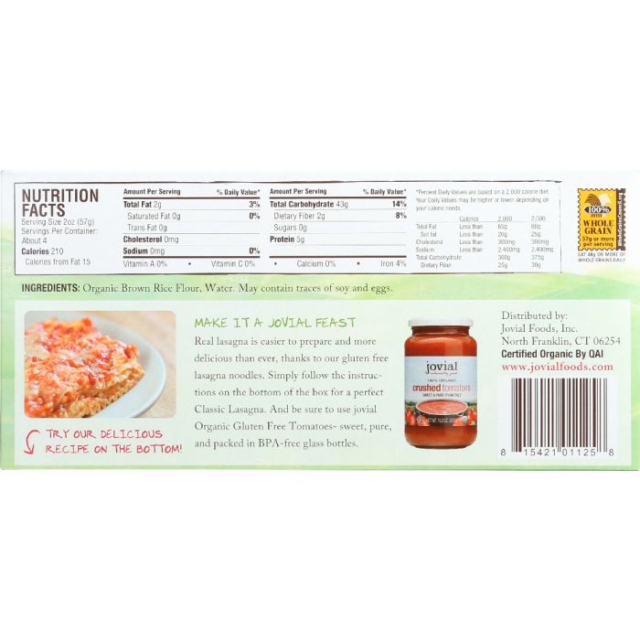 JOVIAL: Organic Gluten Free Brown Rice Pasta Lasagna, 9 oz