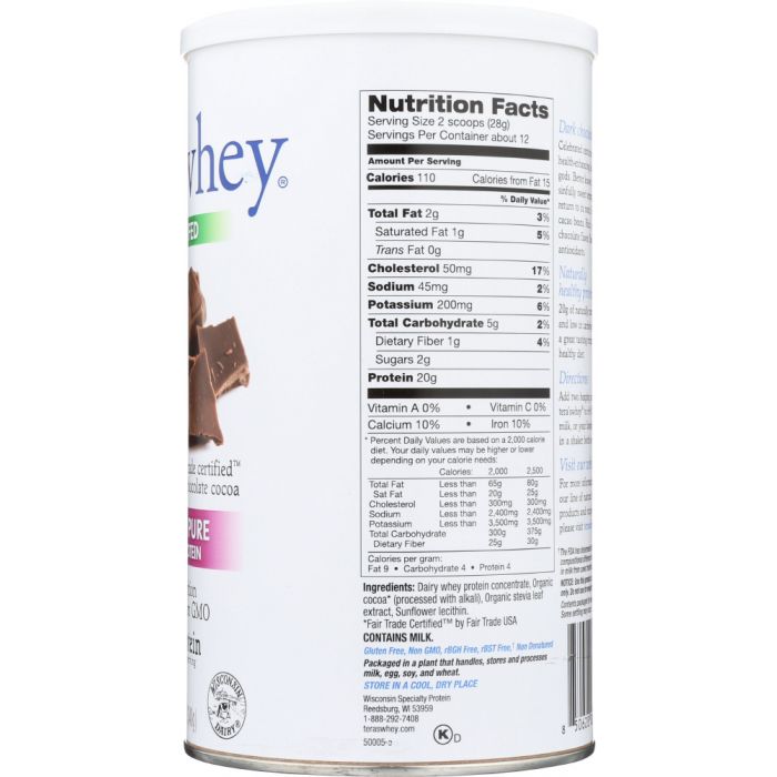 TERA'S WHEY: rBGH Free Whey Protein Fair Trade Dark Chocolate, 12 oz