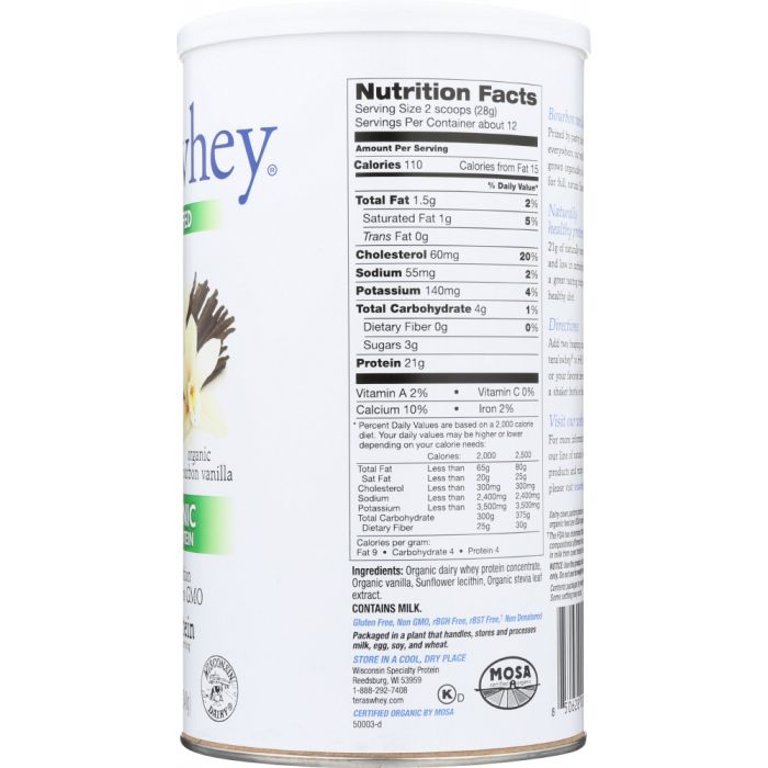 TERA'S WHEY: Grass Fed Organic Whey Protein Bourbon Vanilla, 12 oz