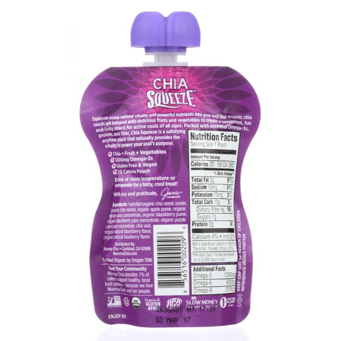 MAMMA CHIA: Organic Chia Squeeze Vitality Snack Blackberry Bliss, 3.5 oz