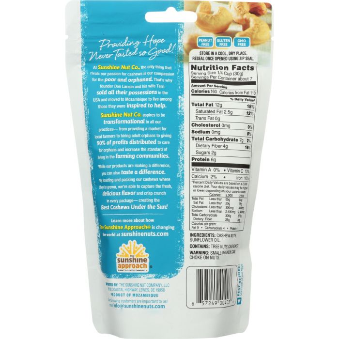 SUNSHINE NUT COMPANY: Cashews Roasted Plain, 7 oz