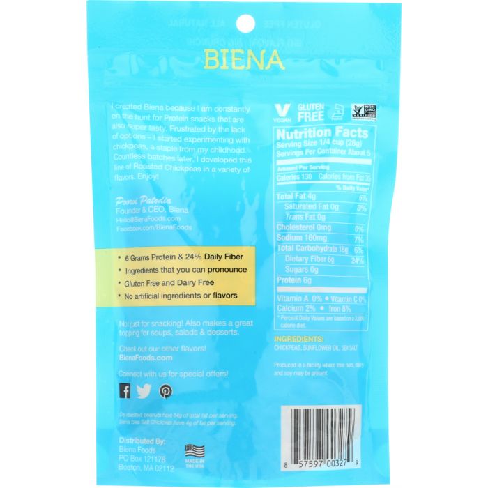 BIENA: Sea Salt Chickpea Snacks, 5 oz