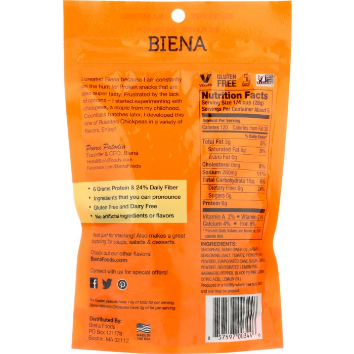 BIENA: Chickpea Snacks Habanero, 5 oz