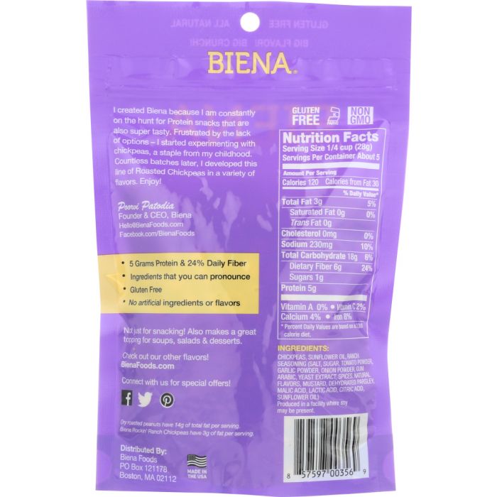 BIENA: Rockin' Ranch Chickpea Snacks, 5 oz