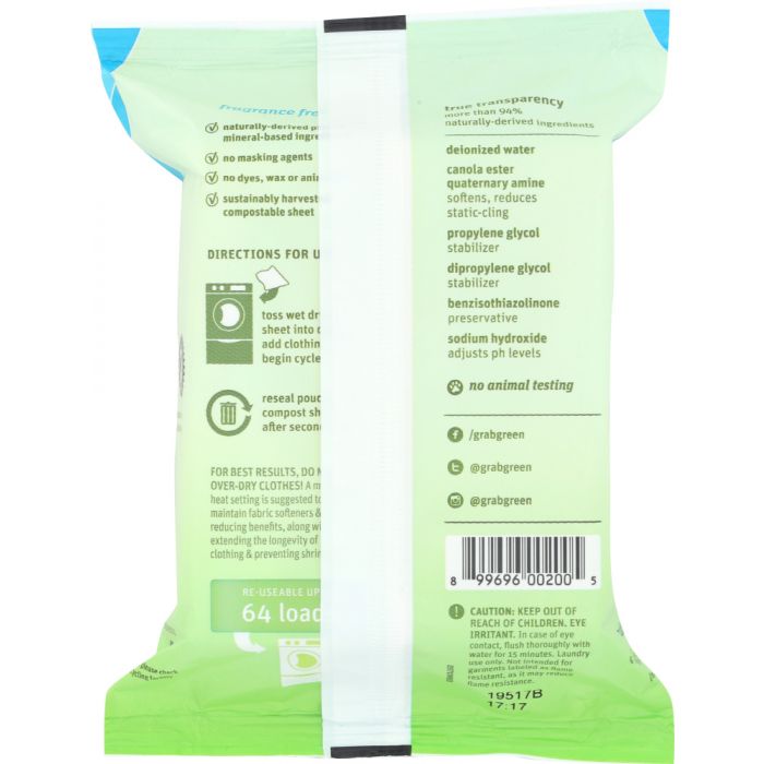 GRABGREEN: Wet Dryer Sheets Fragrance Free 64 Loads, 8.64 oz