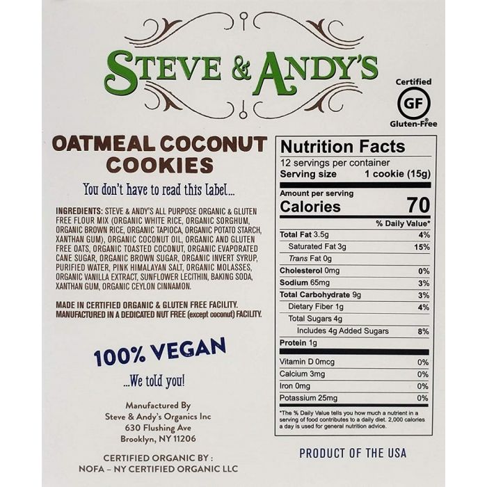 STEVE & ANDY'S ORGANICS: Coconut Oatmeal Cookies, 6.3 oz