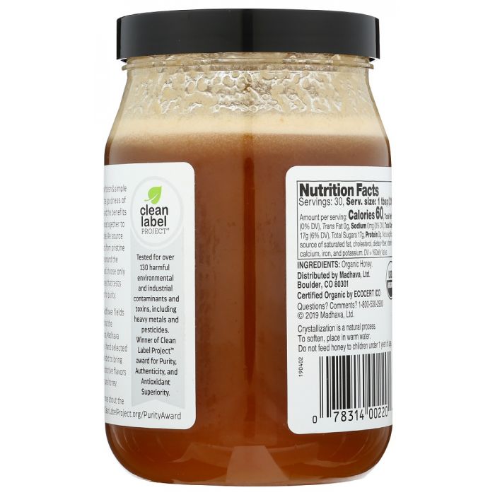 MADHAVA: Organic Very Raw Honey, 22 oz