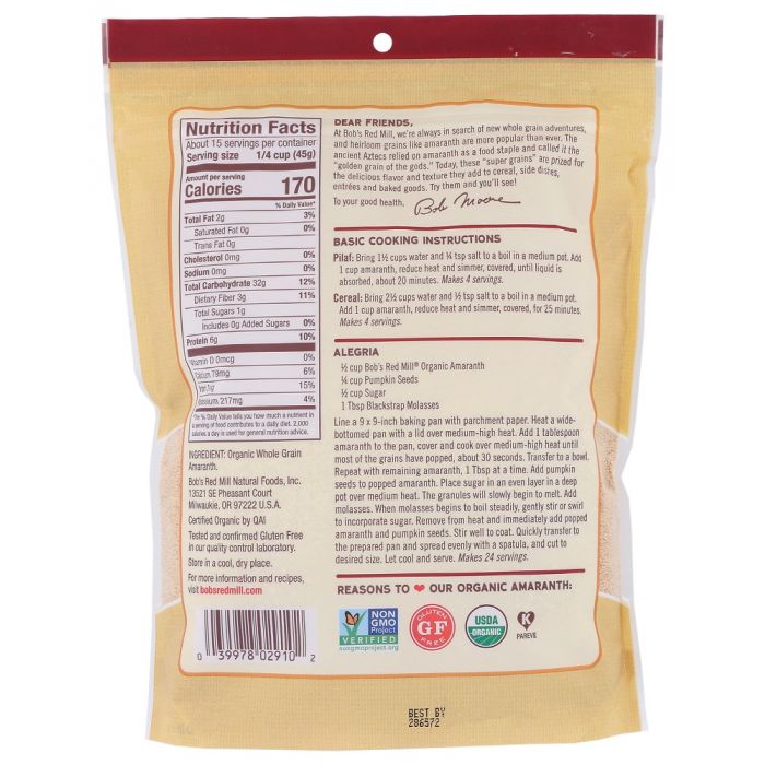 BOB'S RED MILL: Organic Whole Grain Amaranth, 24 oz