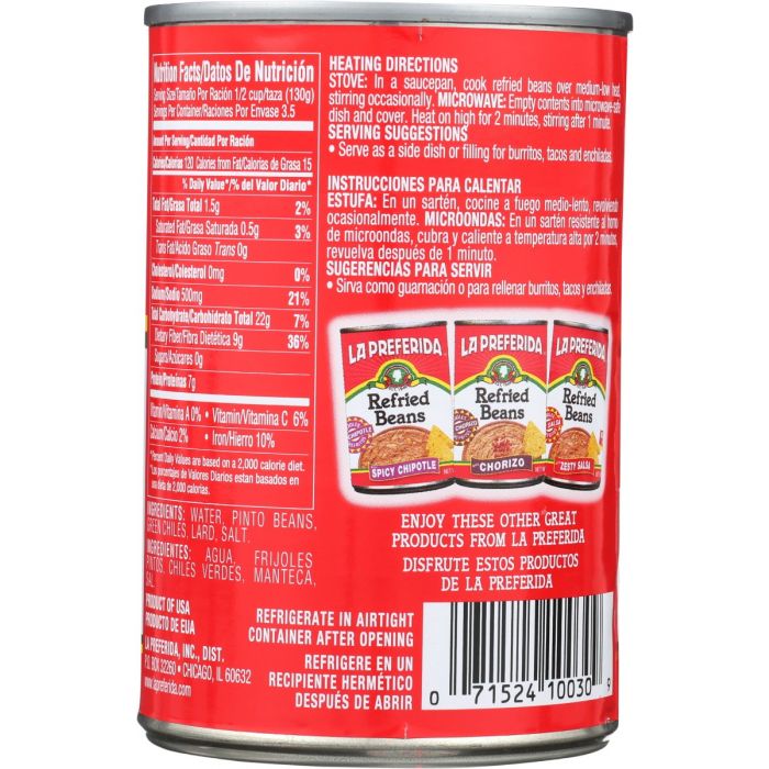 LA PREFERIDA: Refried Beans With Mild Green Chiles, 16 oz