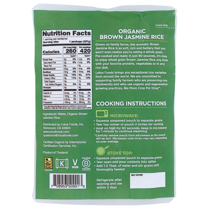 LOTUS FOODS: Rice Jasmine Brown Org, 8 oz