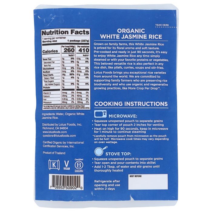 LOTUS FOODS: Rice Jasmine White Org, 8 oz