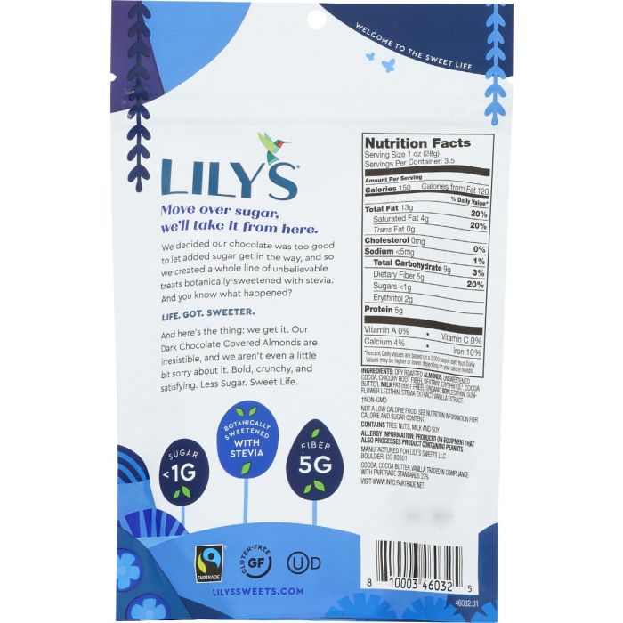 LILYS SWEETS: Dark Chocolate Covered Almonds, 3.5 oz