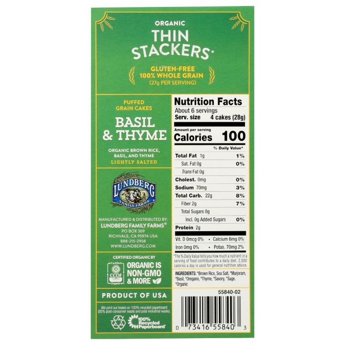 LUNDBERG: Basil And Thyme Thin Stackers, 6 oz