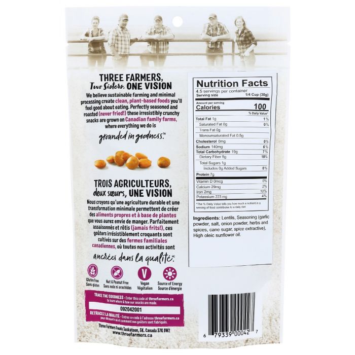 THREE FARMERS FOODS INC: Snack Lentil Garlic Herb, 140 gm