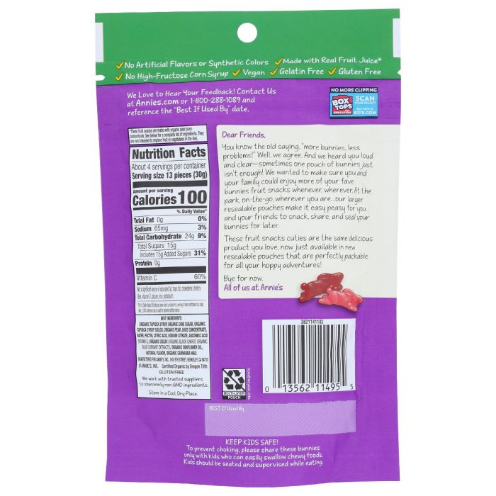 ANNIES HOMEGROWN: Fruit Snack Bunny Berry, 4.5 oz