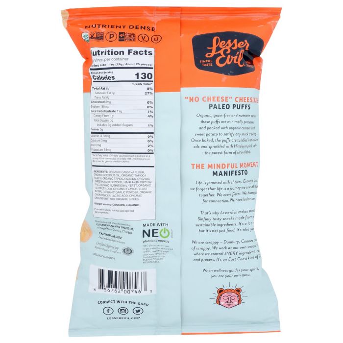 LESSER EVIL: Paleo Puffs No Cheese Cheesiness, 5 oz