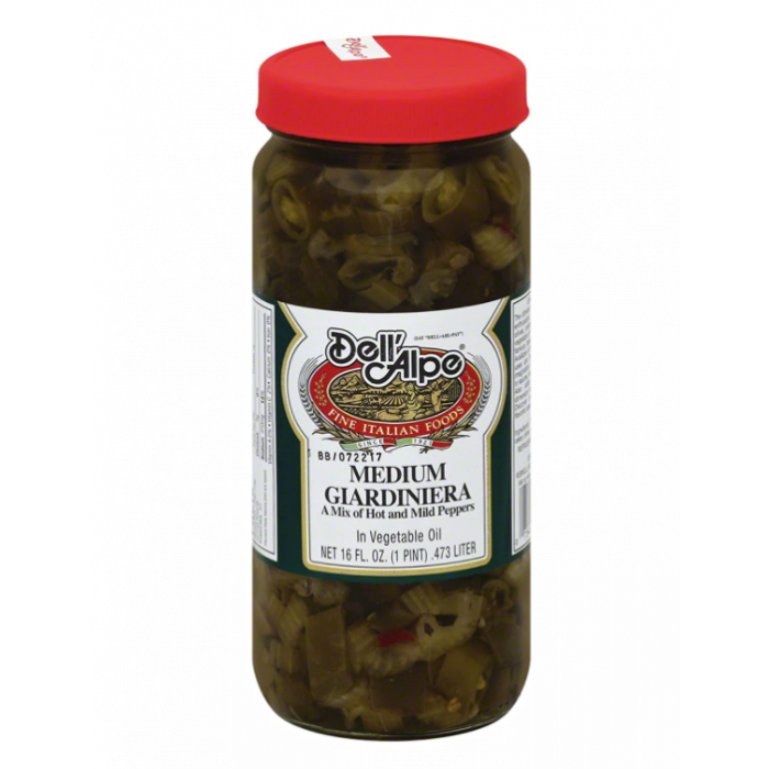 DELL ALPE: Medium Giardiniera A Mix of Hot and Mild Peppers, 16 oz