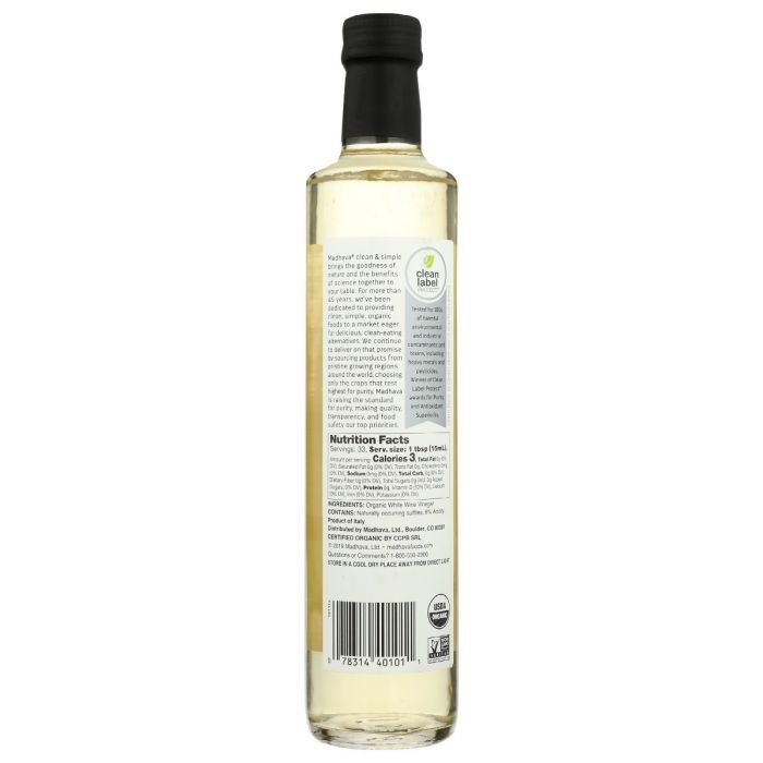 MADHAVA: White Wine Vinegar, 500 ml