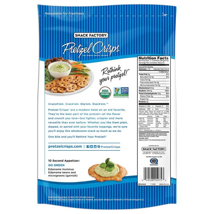 SNACK FACTORY: Organic Original Pretzel Crisps, 9.35 oz